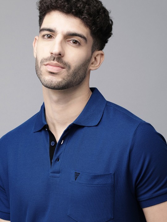 Blue Solid Polo Collar Pure Cotton Lounge T-shirt with Pocket